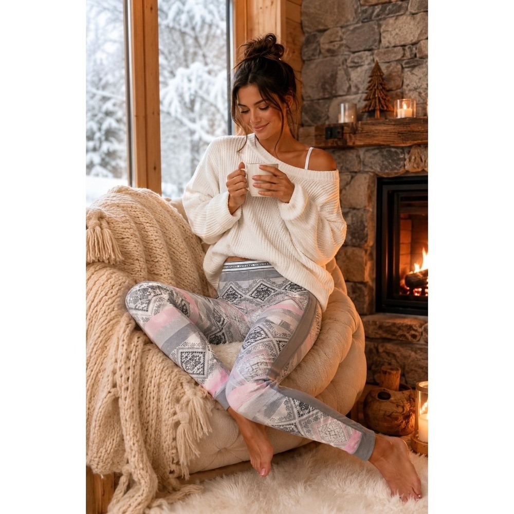 Victoria's Secret Fair Isle Thermal Leggings Gray Pink Cozy Pajama S